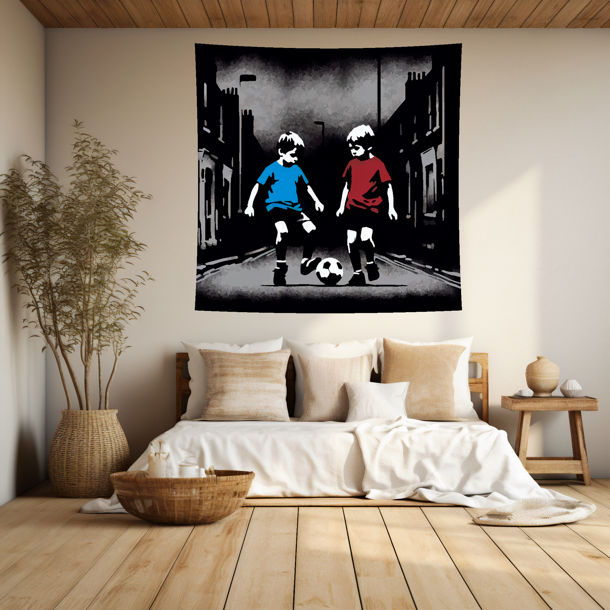 Large Art Blanket featuring two young boys playing football together in a street. 1.5 metres by 1.5 metres, perfect for adding a touch of childhood memories to your home.