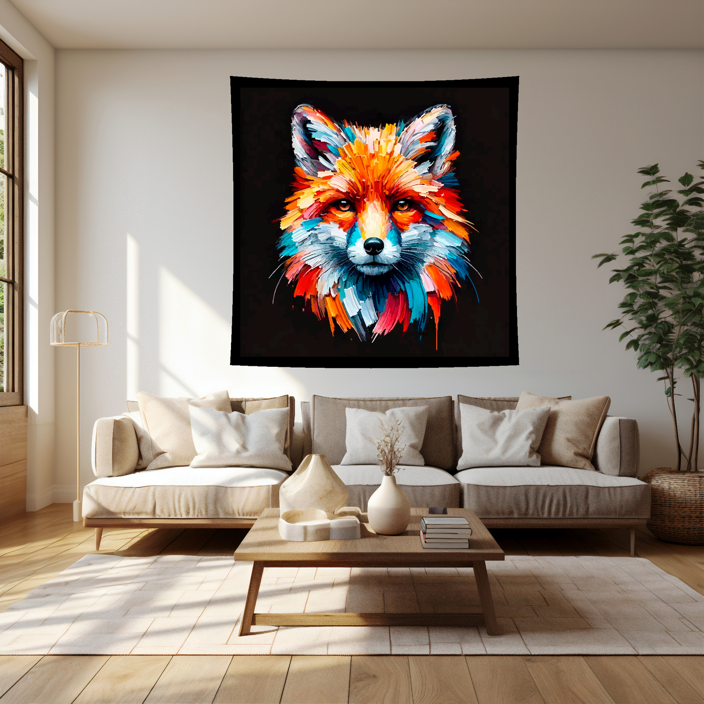 Large art blanket featuring a detailed and colourful portrait of a Fox. Measuring 1.5 metres by 1.5 metres, this blanket is perfect for adding a touch of natural wildlife beauty to any big wall space.