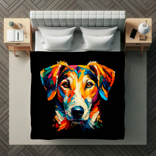 A vibrant 150cm x 150cm large art blanket featuring a colourful portrait of a Foxhound dog. The design showcases the playful and lively nature of the breed, with an array of bright and bold colours bringing the artwork to life. Perfect for filling large walls, Bed spread or throw, adding a touch of warmth to any room.