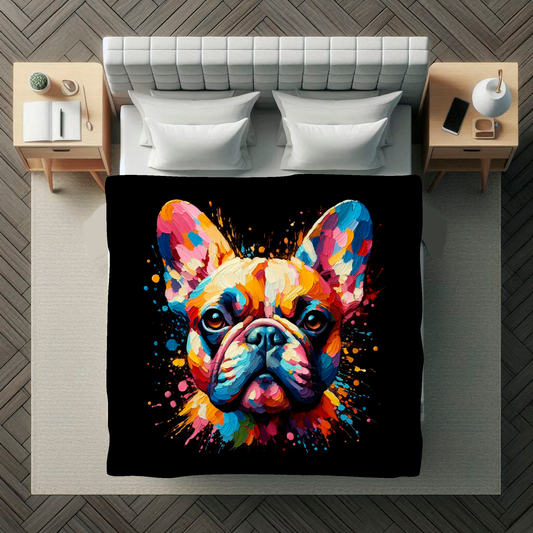 A vibrant 150cm x 150cm large art blanket featuring a colourful portrait of a French Bulldog. The design showcases the playful and lively nature of the breed, with an array of bright and bold colours bringing the artwork to life. Perfect for filling large walls, Bed spread or throw, adding a touch of warmth to any room.