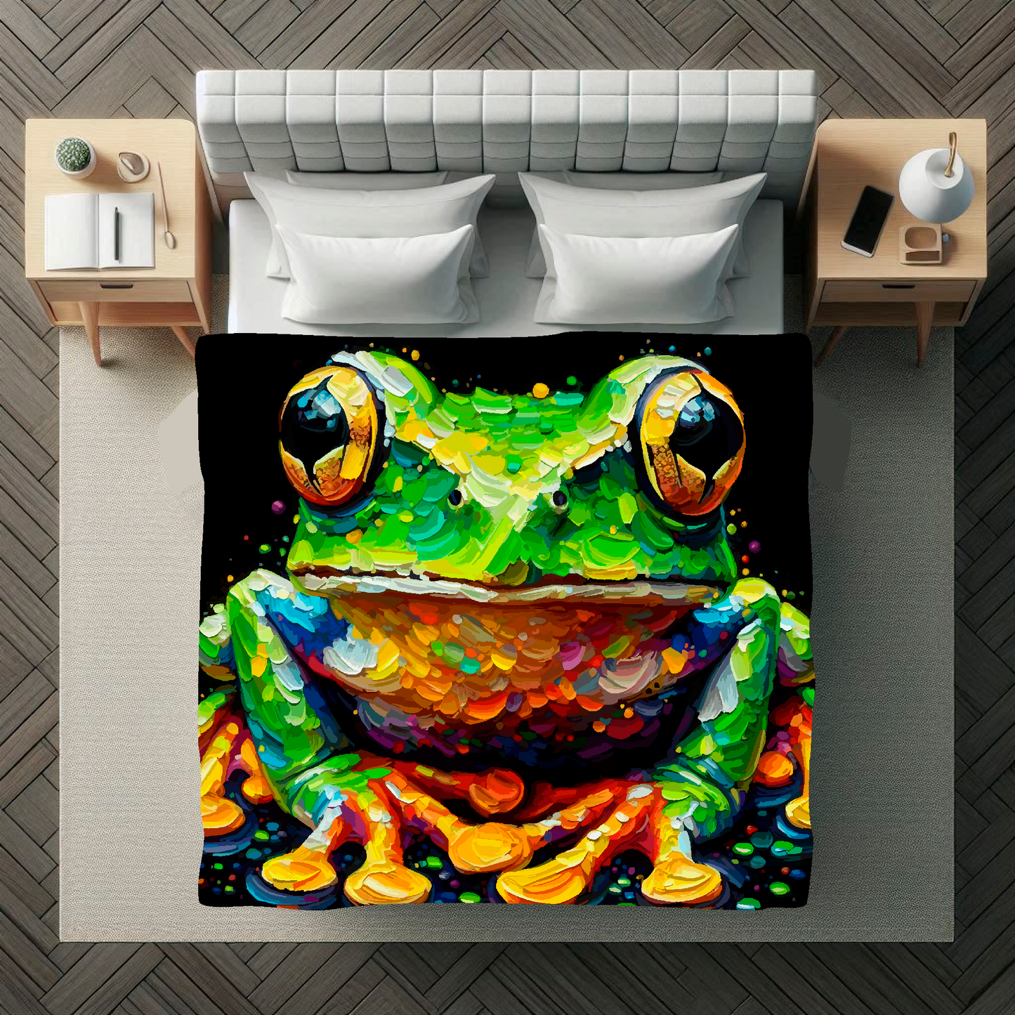 Abstract art blanket featuring a colourful Frog. 1.5 metres by 1.5 metres, perfect for adding a touch of elegance and tranquillity to any big wall space.