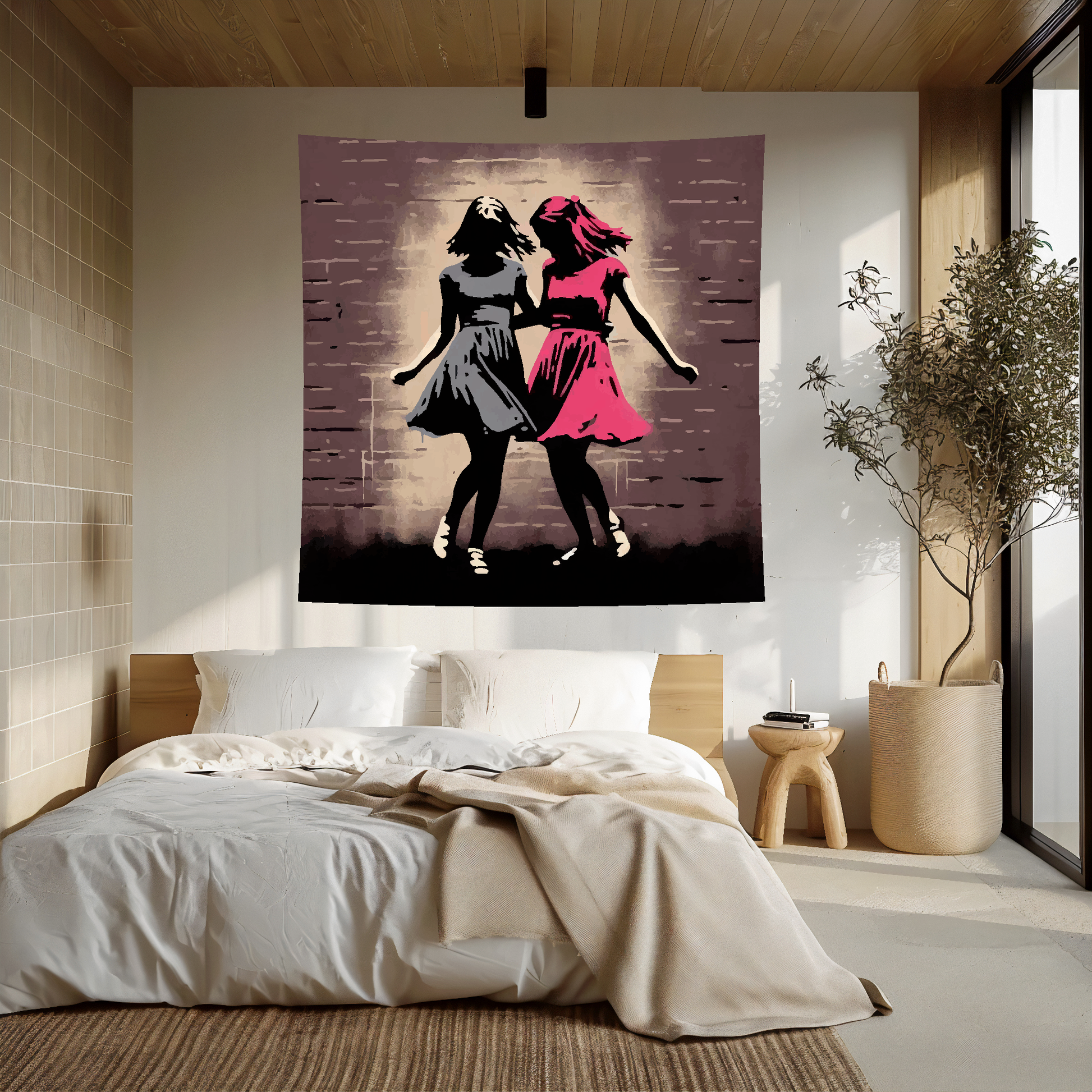 Large Art Blanket featuring two young ladies dancing together in the street. 1.5 metres by 1.5 metres, perfect for adding a touch of childhood memories to your home.