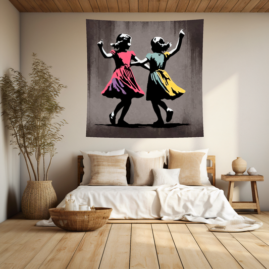 Large Art Blanket featuring two young children dancing together. 1.5 metres by 1.5 metres, perfect for adding a touch of childhood memories to your home.