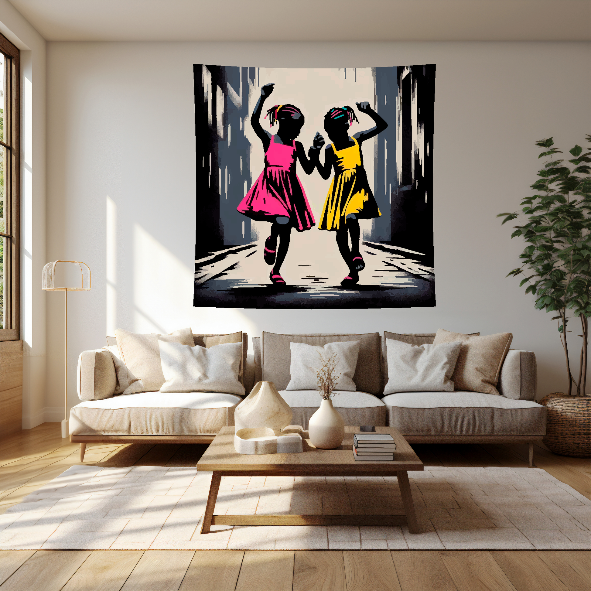 Large Art Blanket featuring two young African girls dancing in the street. 1.5 metres by 1.5 metres, perfect for adding a touch of childhood memories to your home.