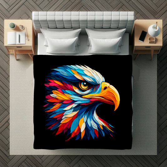 Large art blanket featuring a detailed and colourful bird portrait of a Eagle. Measuring 1.5 metres by 1.5 metres, perfect for adding natural beauty and elegance to any big wall space.