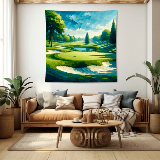 Abstract art blanket featuring a captivating golf course scene. 1.5 metres by 1.5 metres, perfect for adding a touch of elegance and tranquillity to any big wall space.