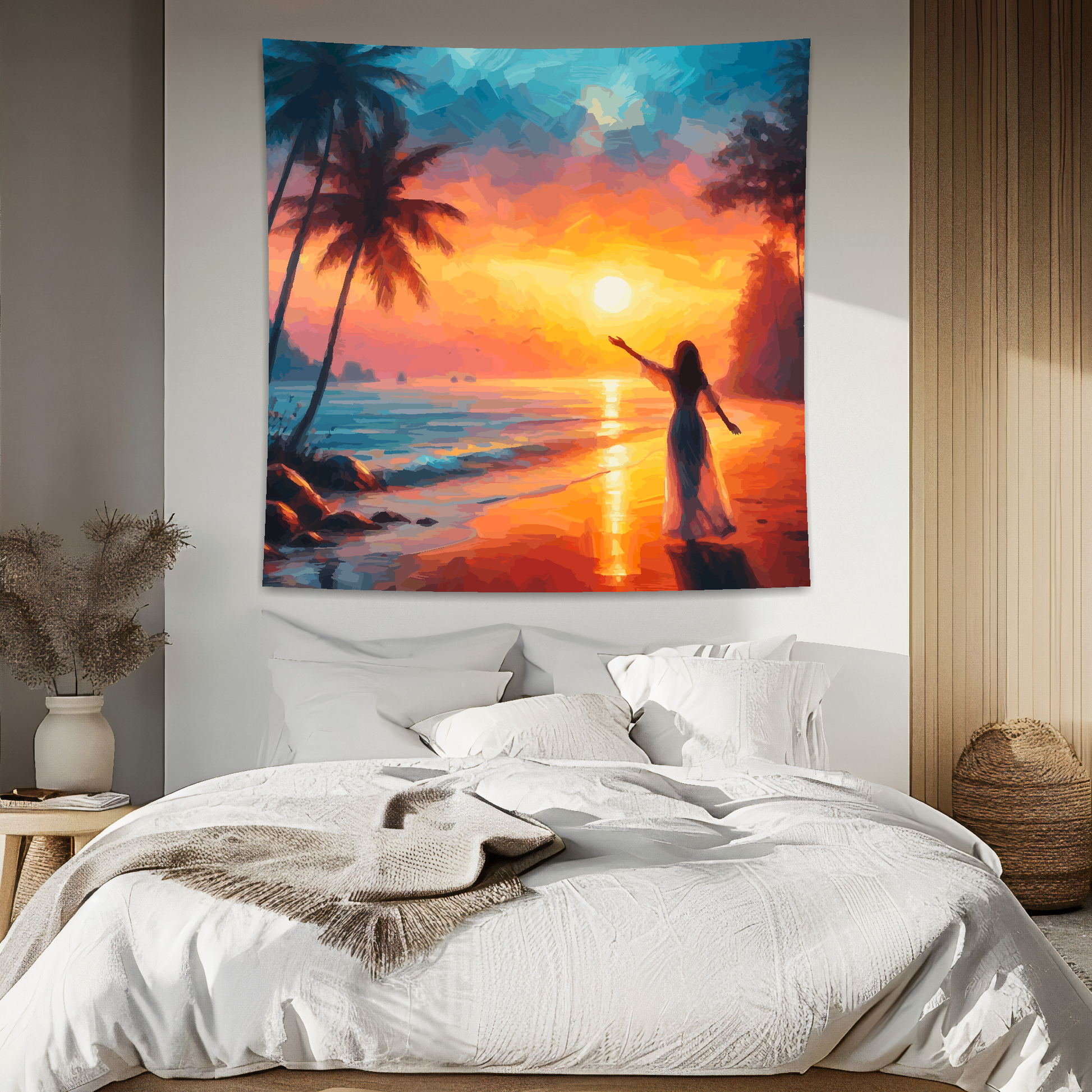 Abstract art blanket featuring a woman on a golden sandy beach at sunset. 1.5 metres by 1.5 metres, perfect for adding a touch of elegance and tranquillity to any big wall space.