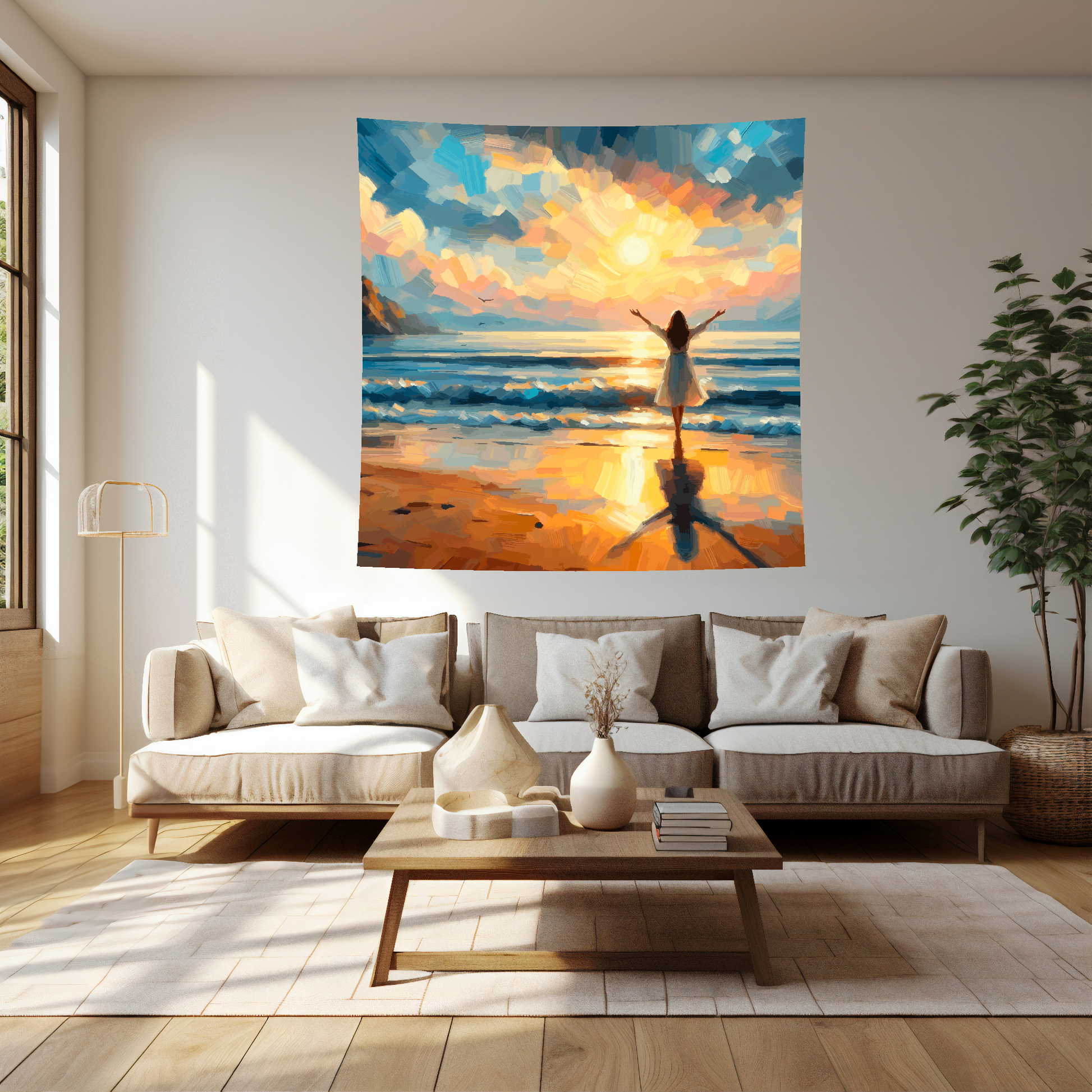 Abstract art blanket featuring a captivating sunset seascape scene. 1.5 metres by 1.5 metres, perfect for adding a touch of elegance and tranquillity to any big wall space.