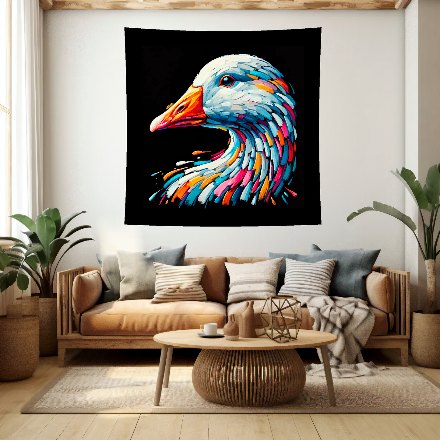 Large art blanket featuring a detailed and colourful bird portrait of a Goose. Measuring 1.5 metres by 1.5 metres, perfect for adding natural beauty and elegance to any big wall space.