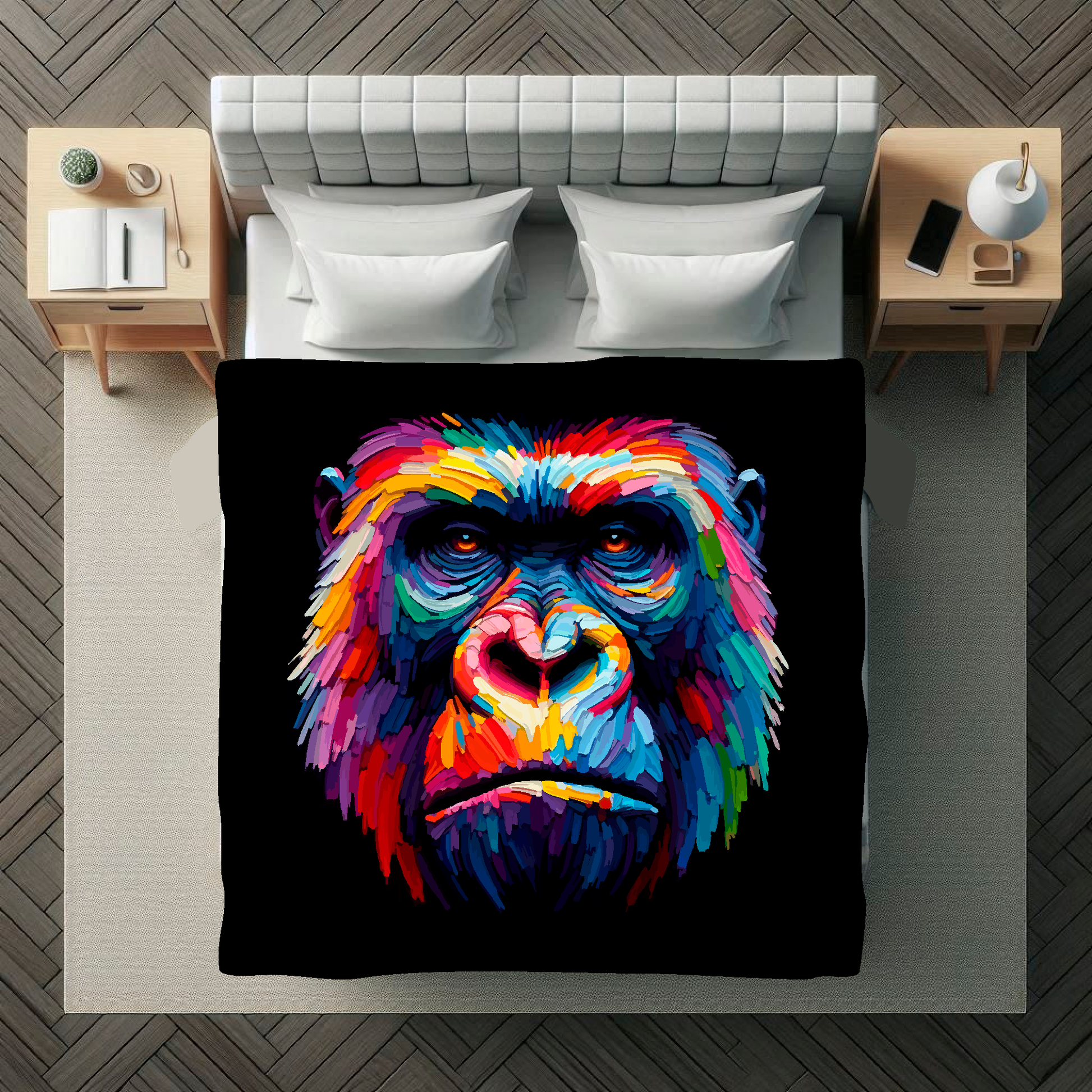 Large art blanket featuring a detailed and colourful portrait of a Gorilla. Measuring 1.5 metres by 1.5 metres, this blanket is perfect for adding a touch of natural wildlife beauty to any big wall space.