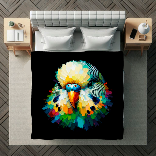 Large art blanket featuring a detailed and colourful bird portrait of a Green Budgie. Measuring 1.5 metres by 1.5 metres, perfect for adding natural beauty and elegance to any big wall space.