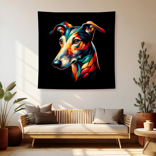 A vibrant 150cm x 150cm large art blanket featuring a colourful portrait of a Greyhound dog. The design showcases the playful and lively nature of the breed, with an array of bright and bold colours bringing the artwork to life. Perfect for filling large walls, Bed spread or throw, adding a touch of warmth to any room.