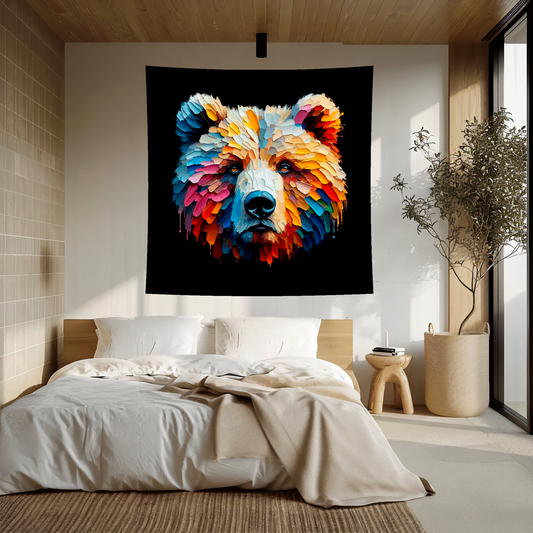 Large art blanket featuring a detailed and colourful portrait of a Grizzly Bear. Measuring 1.5 metres by 1.5 metres, this blanket is perfect for adding a touch of natural wildlife beauty to any big wall space.