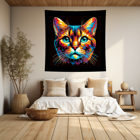 A vibrant 150cm x 150cm large art blanket featuring a colourful portrait of a Havana Brown cat. The design captures the cat's distinctive Markings and playful expression, brought to life with a palette of bright and bold colours. Perfect for adding a touch of feline charm and warmth to any space.