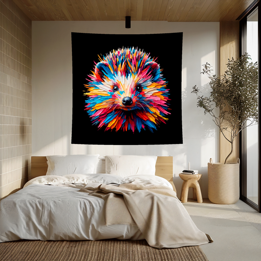 Large art blanket featuring a detailed and colourful portrait of a Hedgehog. Measuring 1.5 metres by 1.5 metres, this blanket is perfect for adding a touch of natural wildlife beauty to any big wall space.