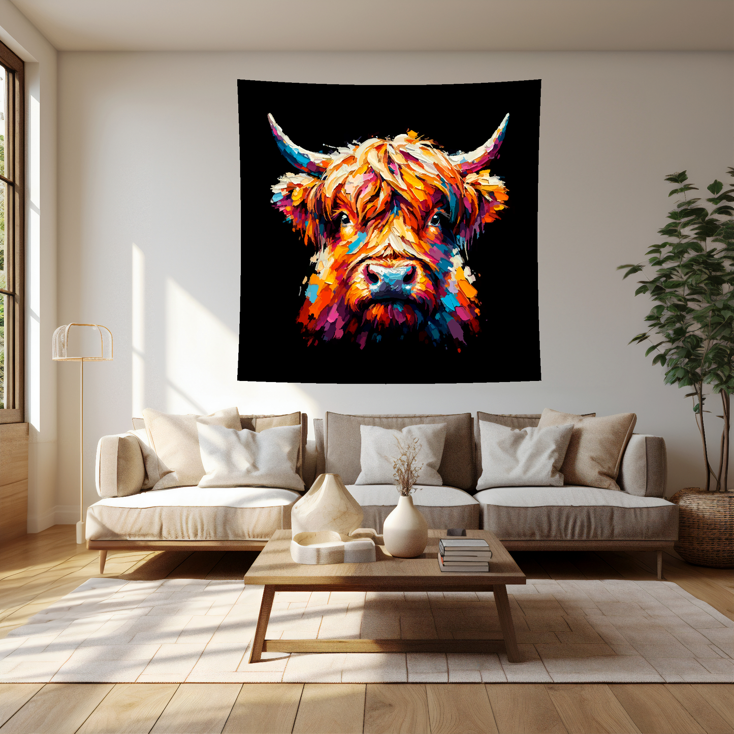 Large art blanket featuring a detailed and colourful portrait of a Highland Cow. Measuring 1.5 metres by 1.5 metres, this blanket is perfect for adding a touch of natural wildlife beauty to any big wall space.