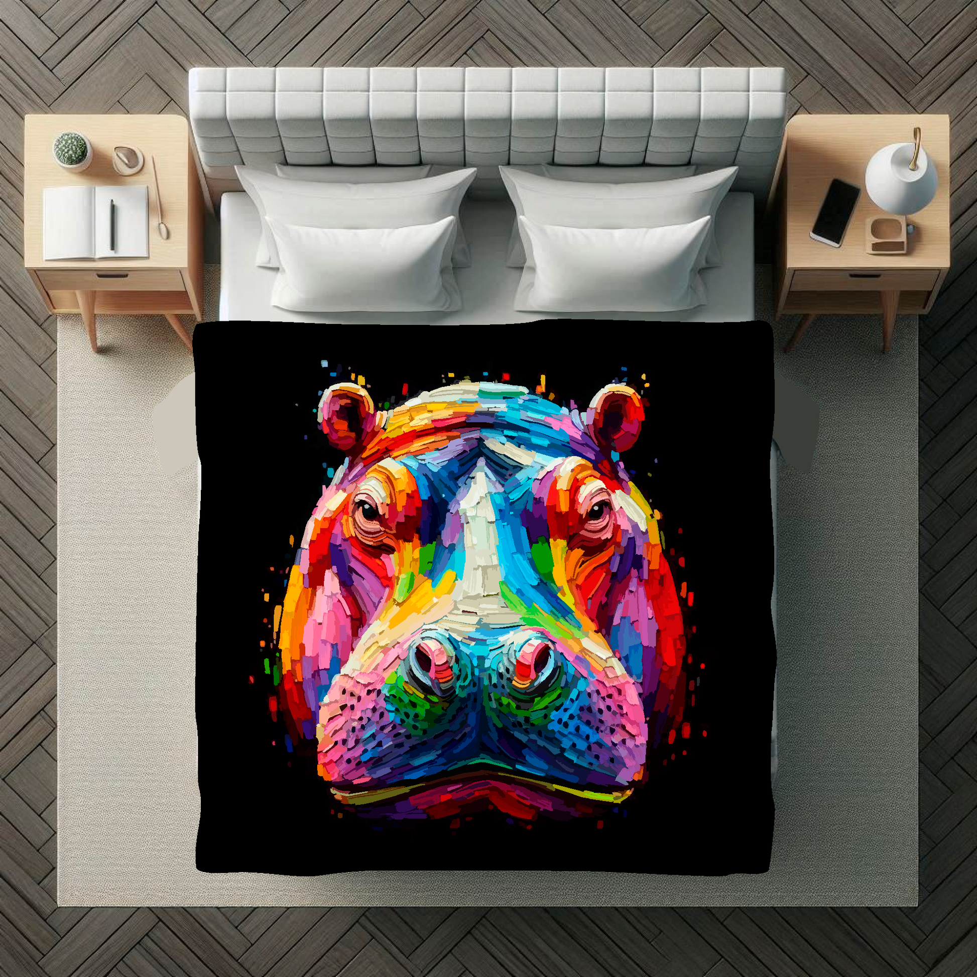 Large art blanket featuring a detailed and colourful portrait of a Hippo. Measuring 1.5 metres by 1.5 metres, this blanket is perfect for adding a touch of natural wildlife beauty to any big wall space.