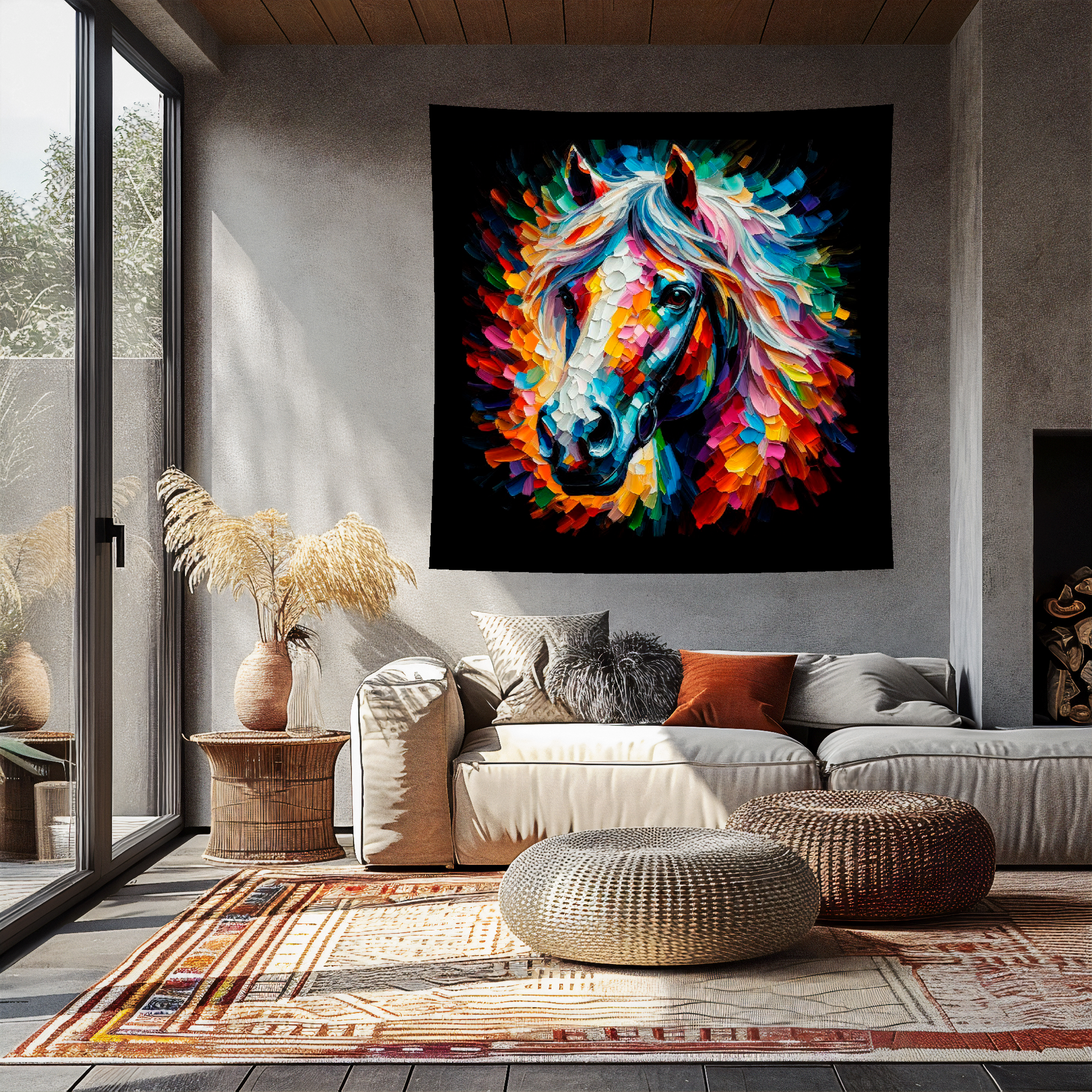 Large art blanket featuring a detailed and colourful portrait of a Horse. Measuring 1.5 metres by 1.5 metres, this blanket is perfect for adding a touch of natural wildlife beauty to any big wall space.