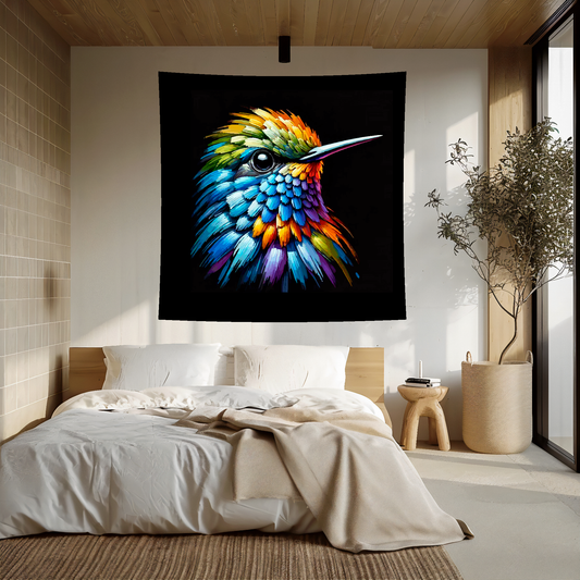 Large art blanket featuring a detailed and colourful bird portrait of a Hummingbird. Measuring 1.5 metres by 1.5 metres, perfect for adding natural beauty and elegance to any big wall space.