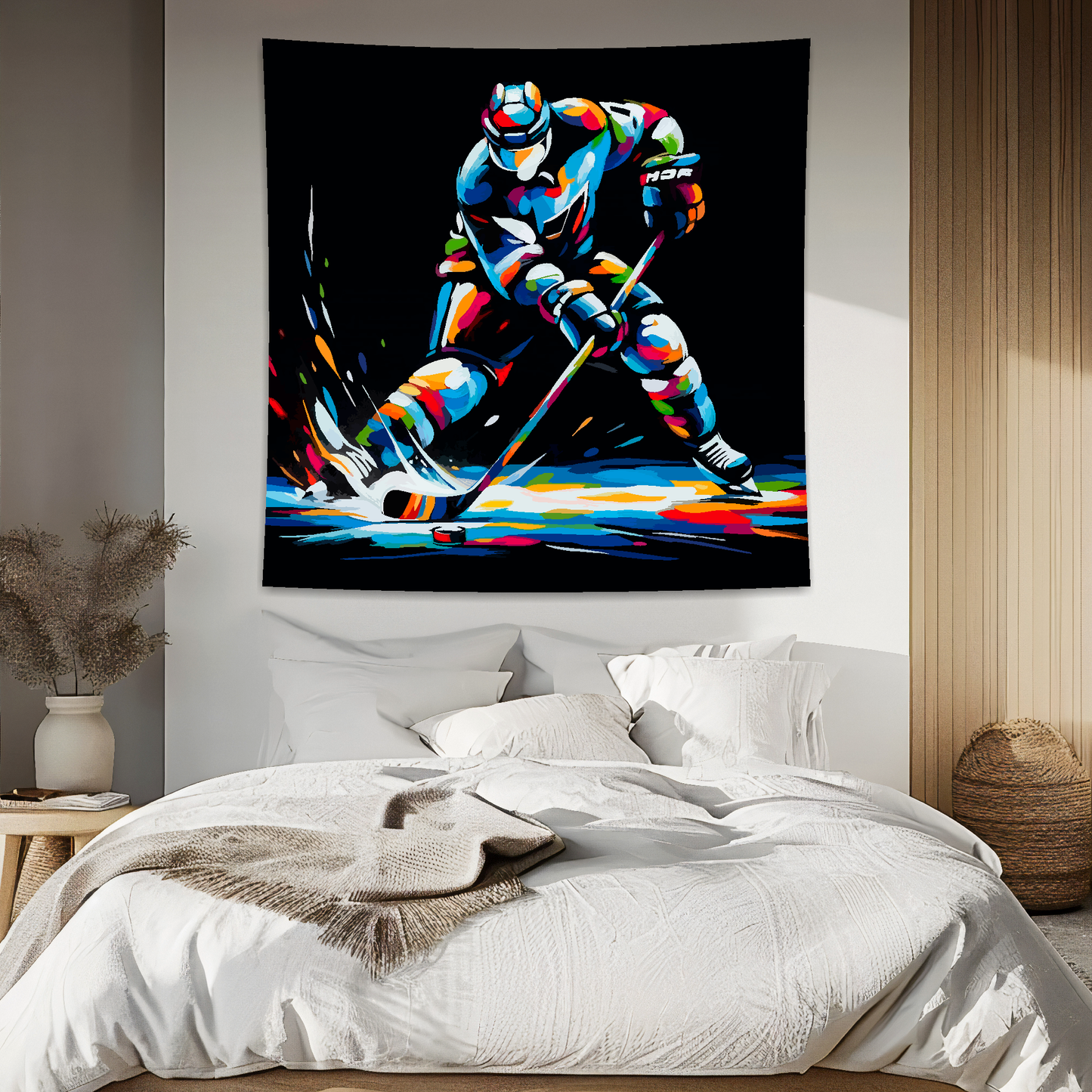 Abstract art blanket featuring a colourful ice hockey player. 1.5 metres by 1.5 metres, perfect for adding a touch of sporting action to any big wall space.