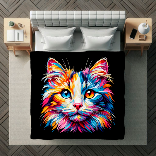 A 1.5m x 1.5m large art blanket is spread  out across a double bed, featuring a colourful head portrait of a Japanese bobtail cat, black background.