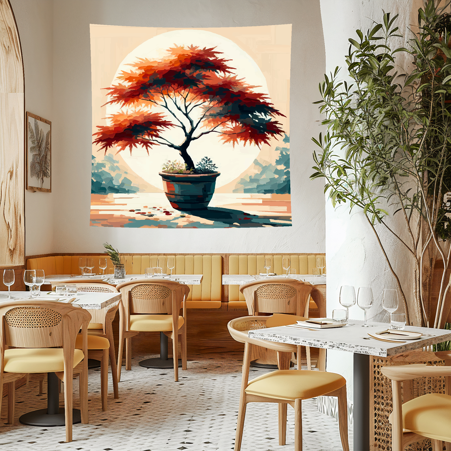 Large Art Blanket featuring an Japanese maple tree landscape. 1.5 metres by 1.5 metres, perfect for adding a touch of nature to your home.