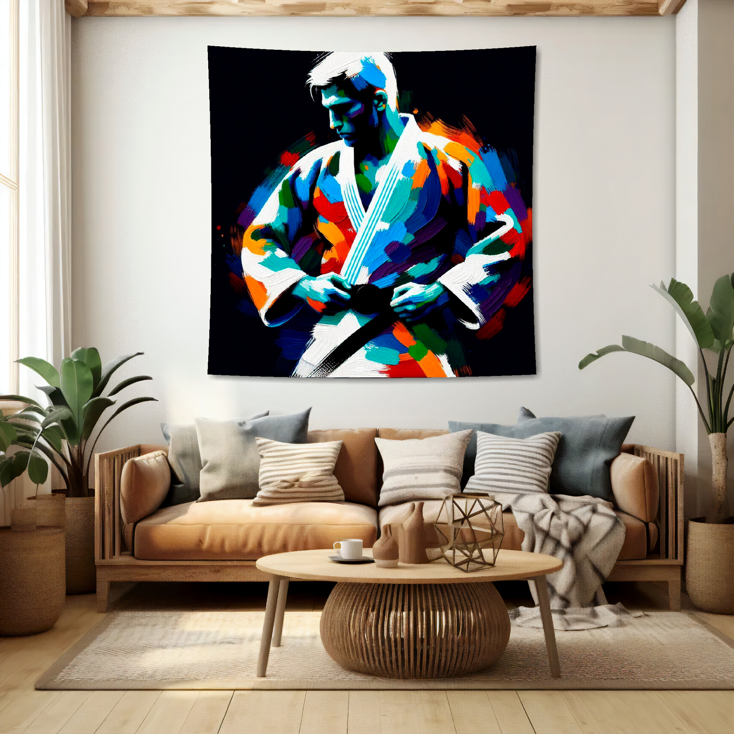 Abstract art blanket featuring colourful male martial arts. 1.5 metres by 1.5 metres, perfect for adding a touch of sporting action to any big wall space.