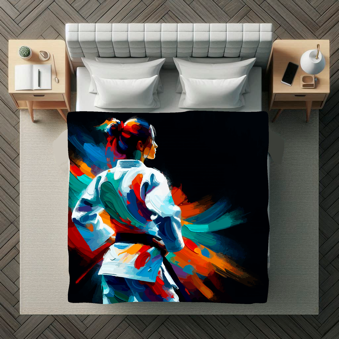 Abstract art blanket featuring colourful female martial arts fighter. 1.5 metres by 1.5 metres, perfect for adding a touch of sporting action to any big wall space.