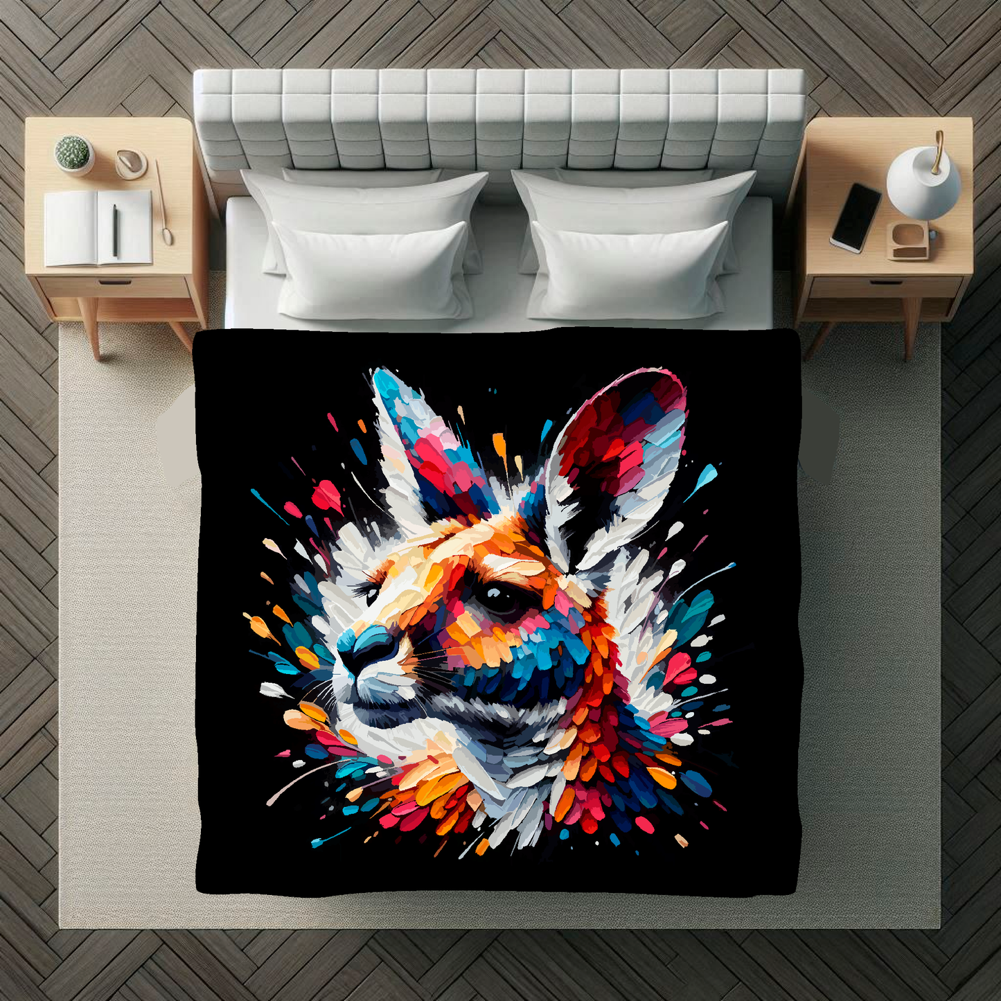 Abstract art blanket featuring a colourful Kangaroo portrait. 1.5 metres by 1.5 metres, perfect for adding a touch of elegance and tranquillity to any big wall space.