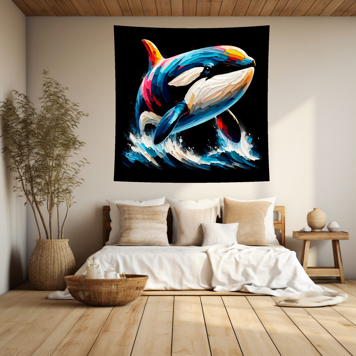 Abstract art blanket featuring a colourful Killer Whale. 1.5 metres by 1.5 metres, perfect for adding a touch of elegance and tranquillity to any big wall space.