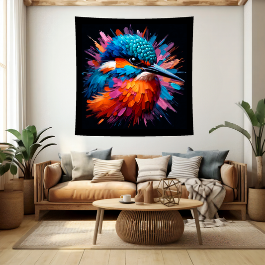 Large art blanket featuring a detailed and colourful bird portrait of a Kingfisher. Measuring 1.5 metres by 1.5 metres, perfect for adding natural beauty and elegance to any big wall space.