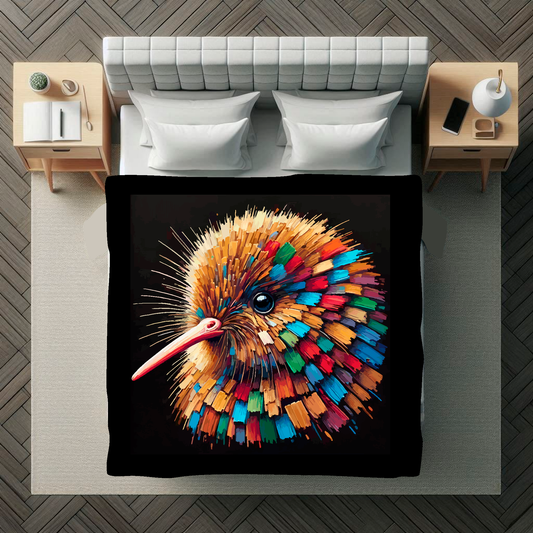 Large art blanket featuring a detailed and colourful bird portrait of a Kiwi. Measuring 1.5 metres by 1.5 metres, perfect for adding natural beauty and elegance to any big wall space.