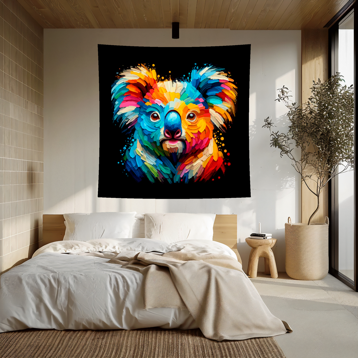 Large art blanket featuring a detailed and colourful portrait of a Koala Bear. Measuring 1.5 metres by 1.5 metres, this blanket is perfect for adding a touch of natural wildlife beauty to any big wall space.