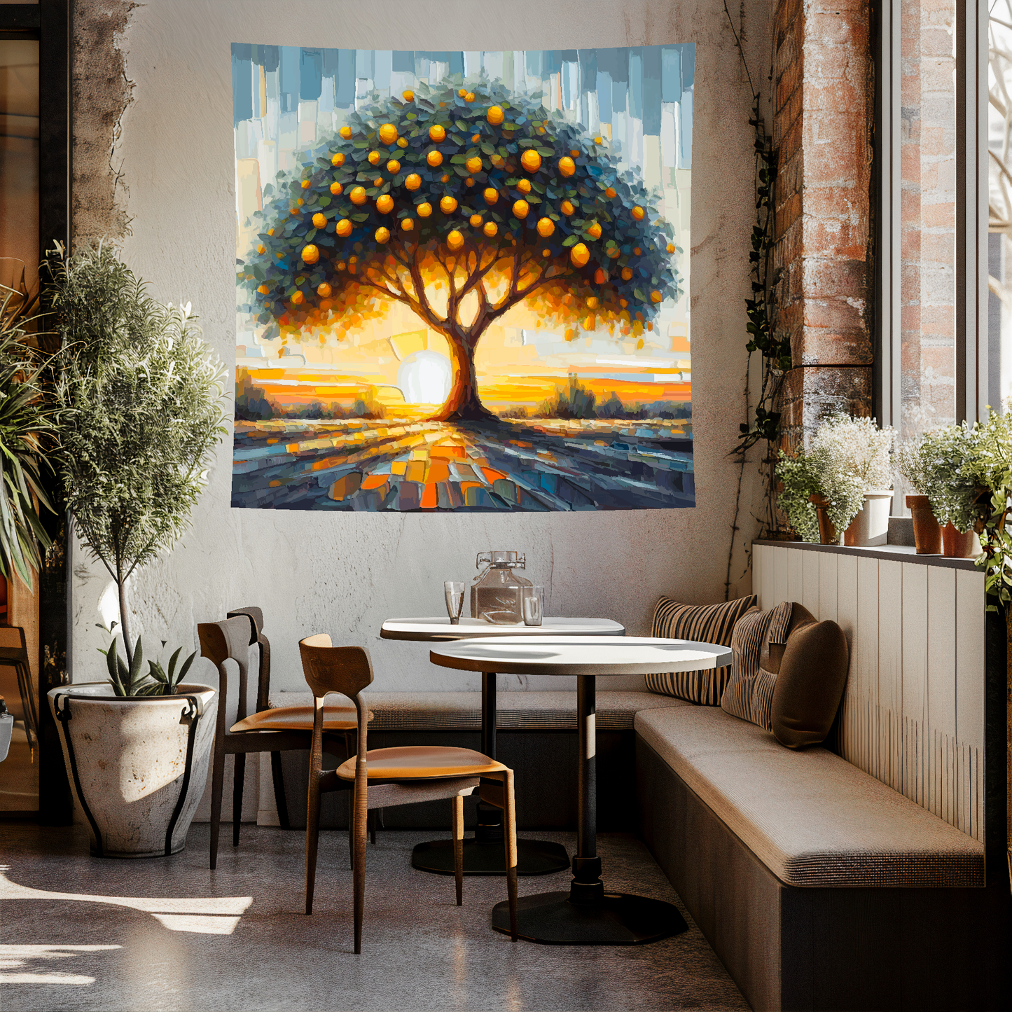 Large Art Blanket featuring an Lemon tree landscape. 1.5 metres by 1.5 metres, perfect for adding a touch of nature to your home.