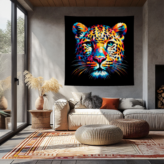 Large art blanket featuring a detailed and colourful portrait of a Leopard. Measuring 1.5 metres by 1.5 metres, this blanket is perfect for adding a touch of natural wildlife beauty to any big wall space.