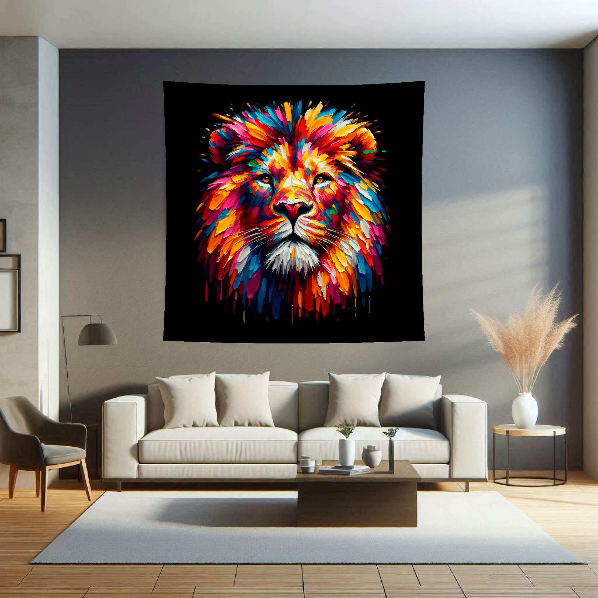 Large art blanket featuring a detailed and colourful portrait of a Lion's head. Measuring 1.5 metres by 1.5 metres, this blanket is perfect for adding a touch of natural wildlife beauty to any big wall space.