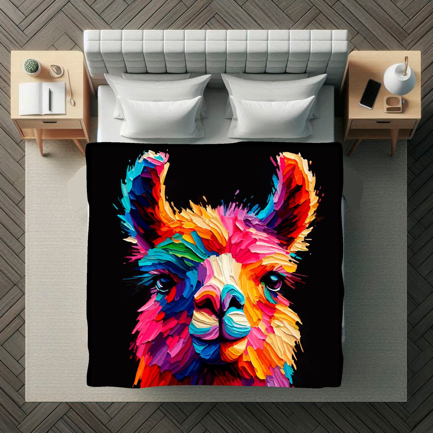 Large art blanket featuring a detailed and colourful portrait of a Llama. Measuring 1.5 metres by 1.5 metres, this blanket is perfect for adding a touch of natural wildlife beauty to any big wall space.