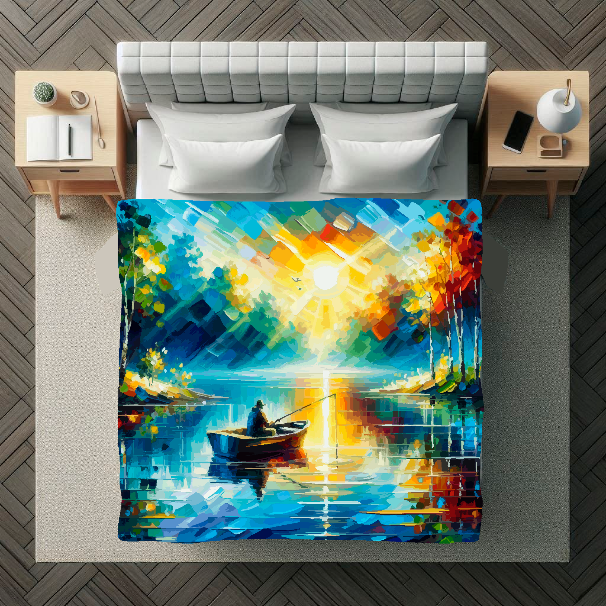 Abstract art blanket featuring a captivating sunrise fishing lake scene. 1.5 metres by 1.5 metres, perfect for adding a touch of elegance and tranquillity to any big wall space.