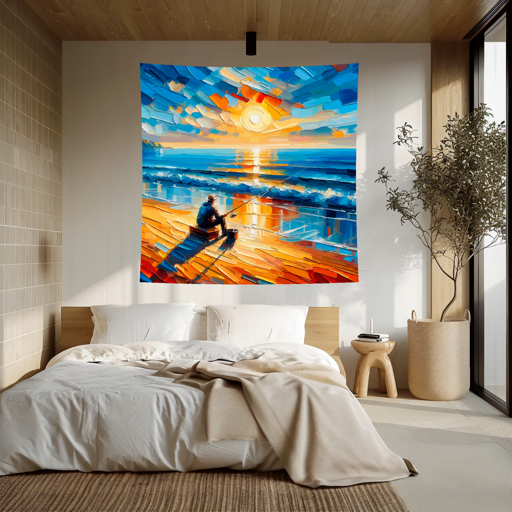 Abstract art blanket featuring a sea fishing beach scene. 1.5 metres by 1.5 metres, perfect for adding a touch of elegance and tranquillity to any big wall space.