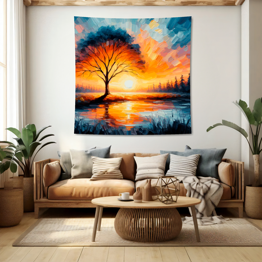 Abstract art blanket featuring a captivating lone tree sunset scene. 1.5 metres by 1.5 metres, perfect for adding a touch of elegance and tranquillity to any big wall space.