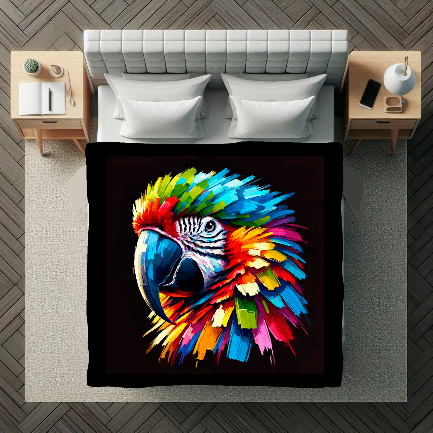 Large art blanket featuring a detailed and colourful bird portrait of a Macaw Parrot. Measuring 1.5 metres by 1.5 metres, perfect for adding natural beauty and elegance to any big wall space.