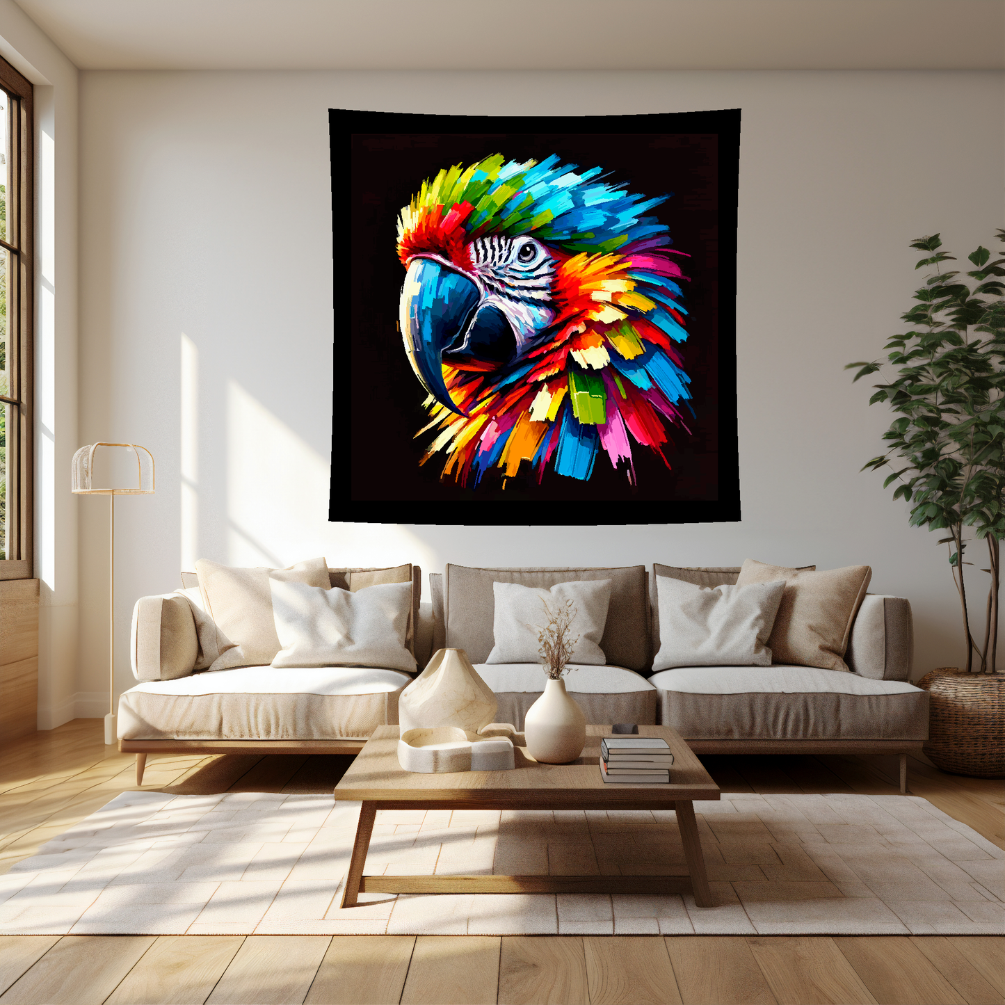 Large art blanket featuring a detailed and colourful bird portrait of a Macaw Parrot. Measuring 1.5 metres by 1.5 metres, perfect for adding natural beauty and elegance to any big wall space.