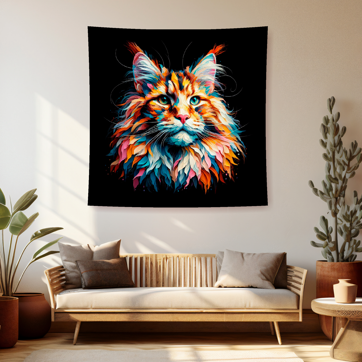 A vibrant 150cm x 150cm large art blanket featuring a colourful portrait of a Maine Coon cat. The design captures the cat's distinctive Markings and playful expression, brought to life with a palette of bright and bold colours. Perfect for adding a touch of feline charm and warmth to any space.