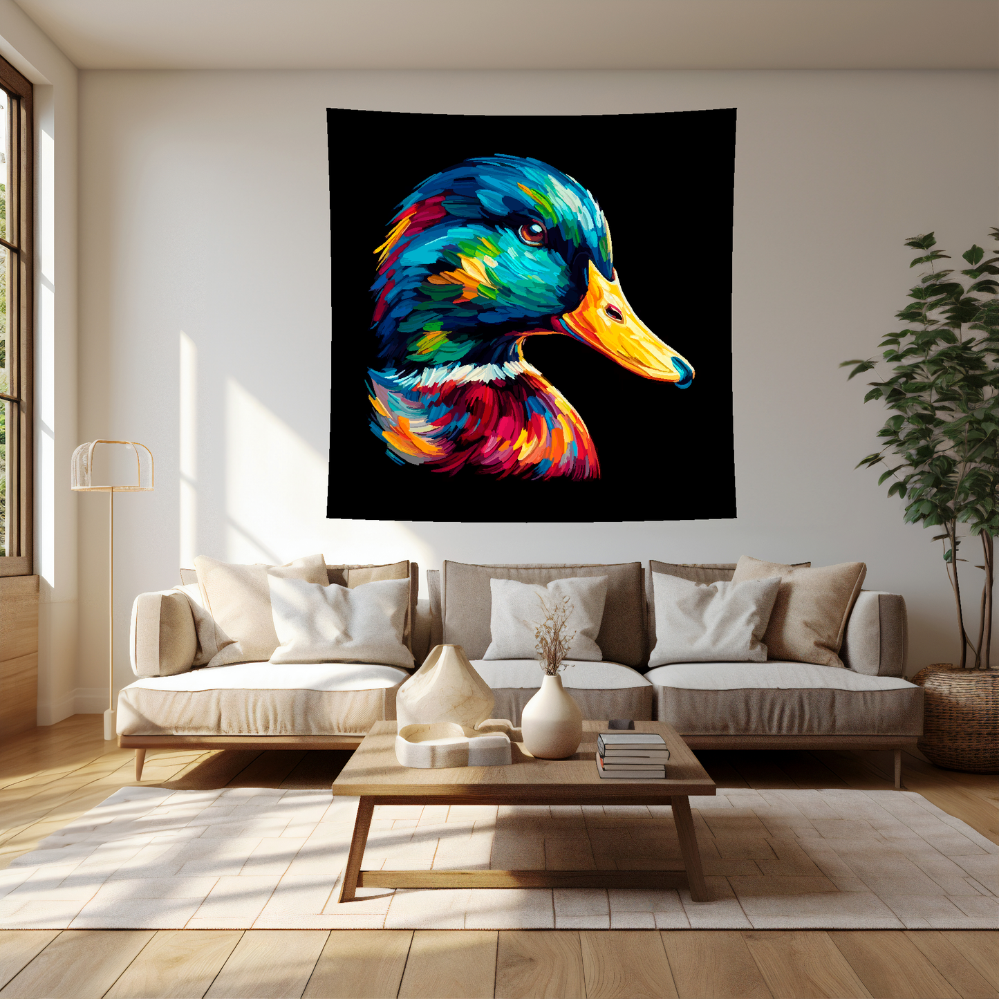 Large art blanket featuring a detailed and colourful bird portrait of a Mallard Duck. Measuring 1.5 metres by 1.5 metres, perfect for adding natural beauty and elegance to any big wall space.