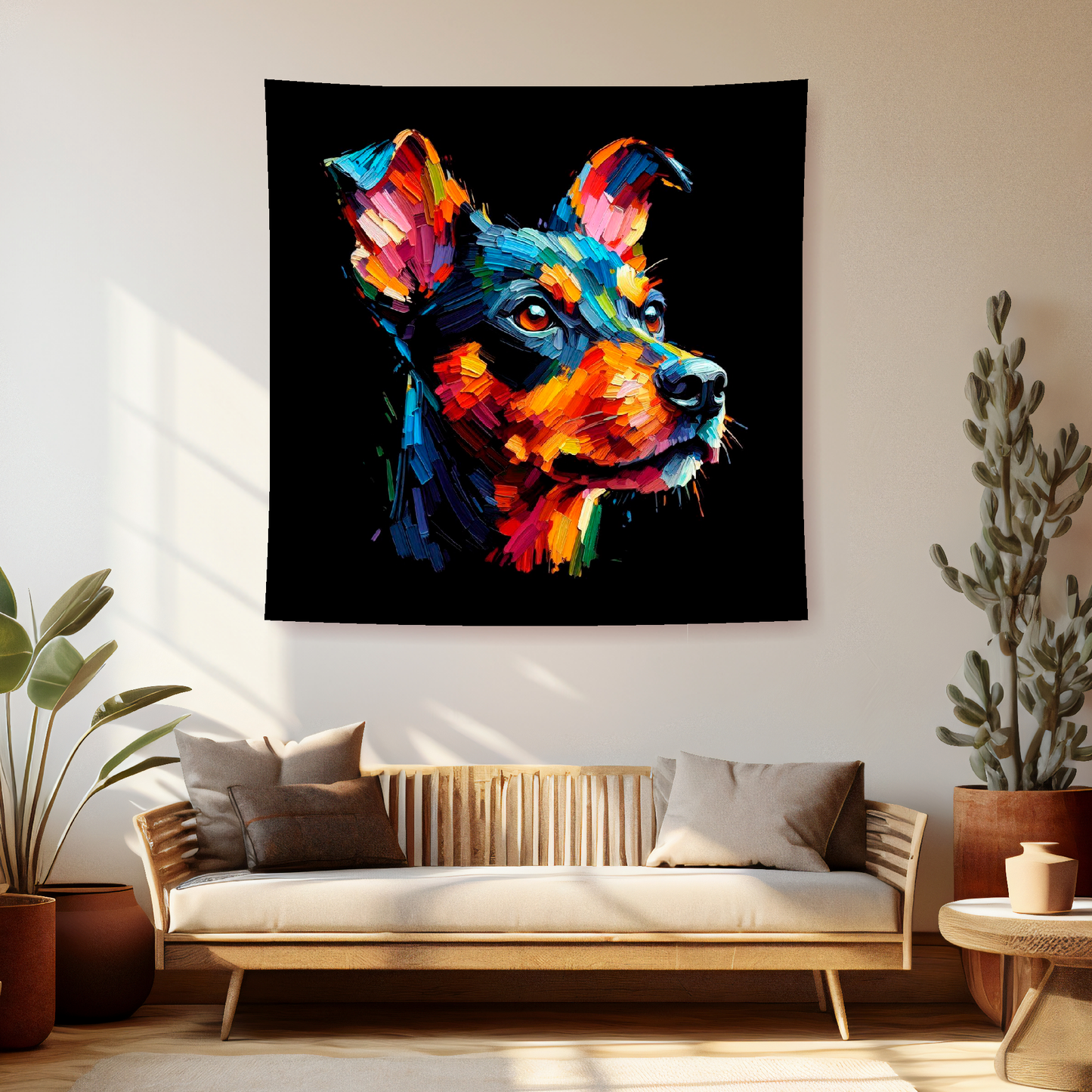 A vibrant 150cm x 150cm large art blanket featuring a colourful portrait of a Manchester Terrier dog. The design showcases the playful and lively nature of the breed, with an array of bright and bold colours bringing the artwork to life. Perfect for filling large walls, Bed spread or throw, adding a touch of warmth to any room.