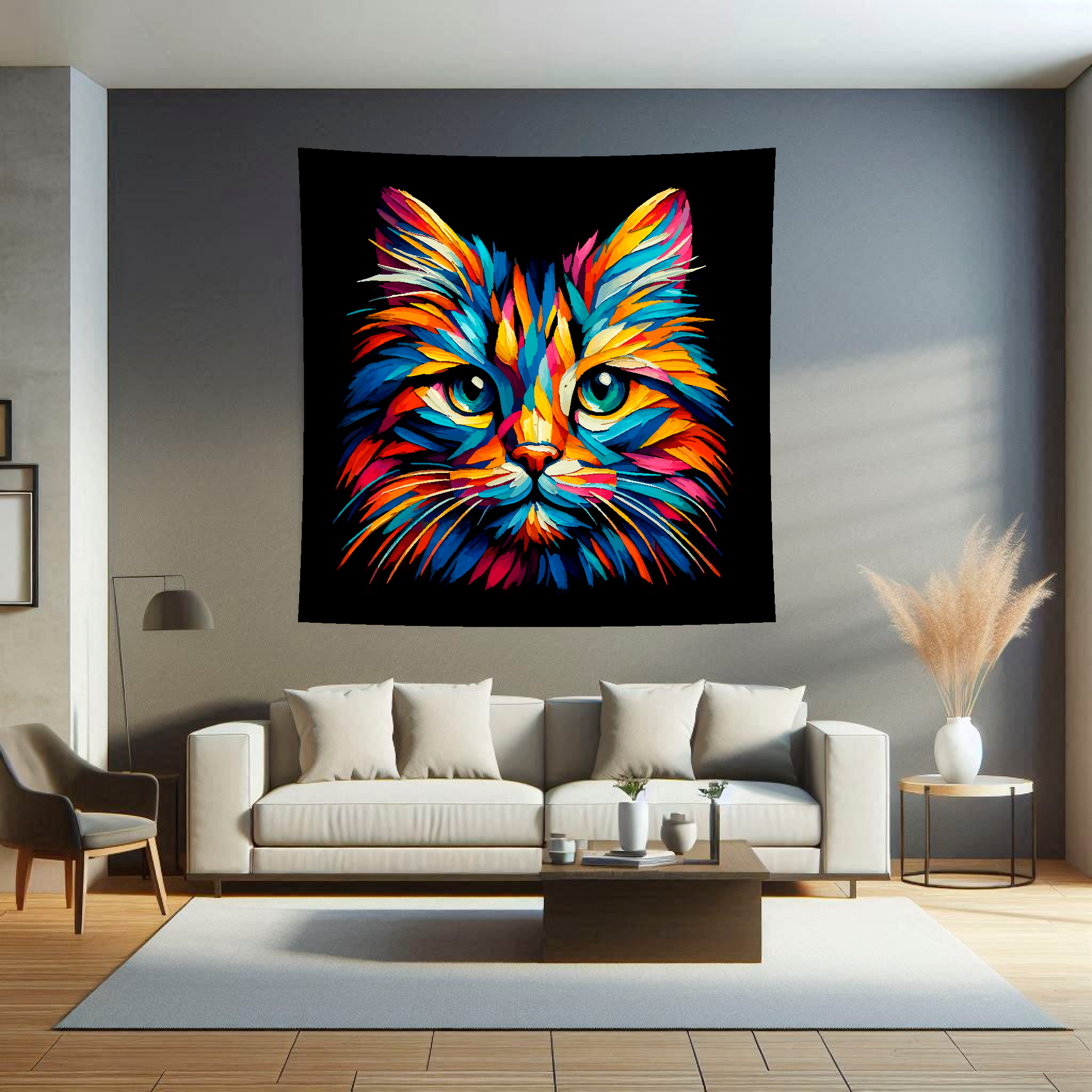 A 1.5m x 1.5m large art blanket hangs on a lounge wall, featuring a colourful head portrait of a Manx cat. Black background.