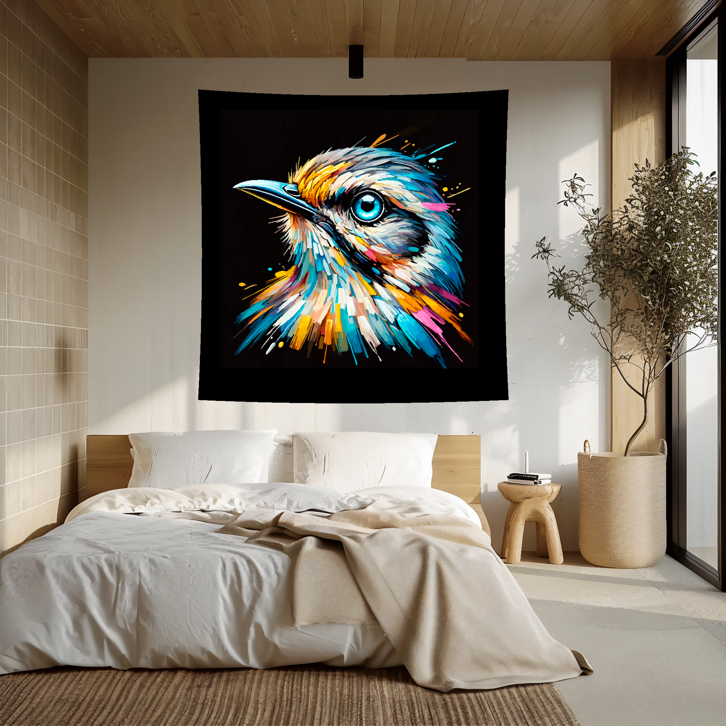 Large art blanket featuring a detailed and colourful bird portrait of a Mockingbird. Measuring 1.5 metres by 1.5 metres, perfect for adding natural beauty and elegance to any big wall space.