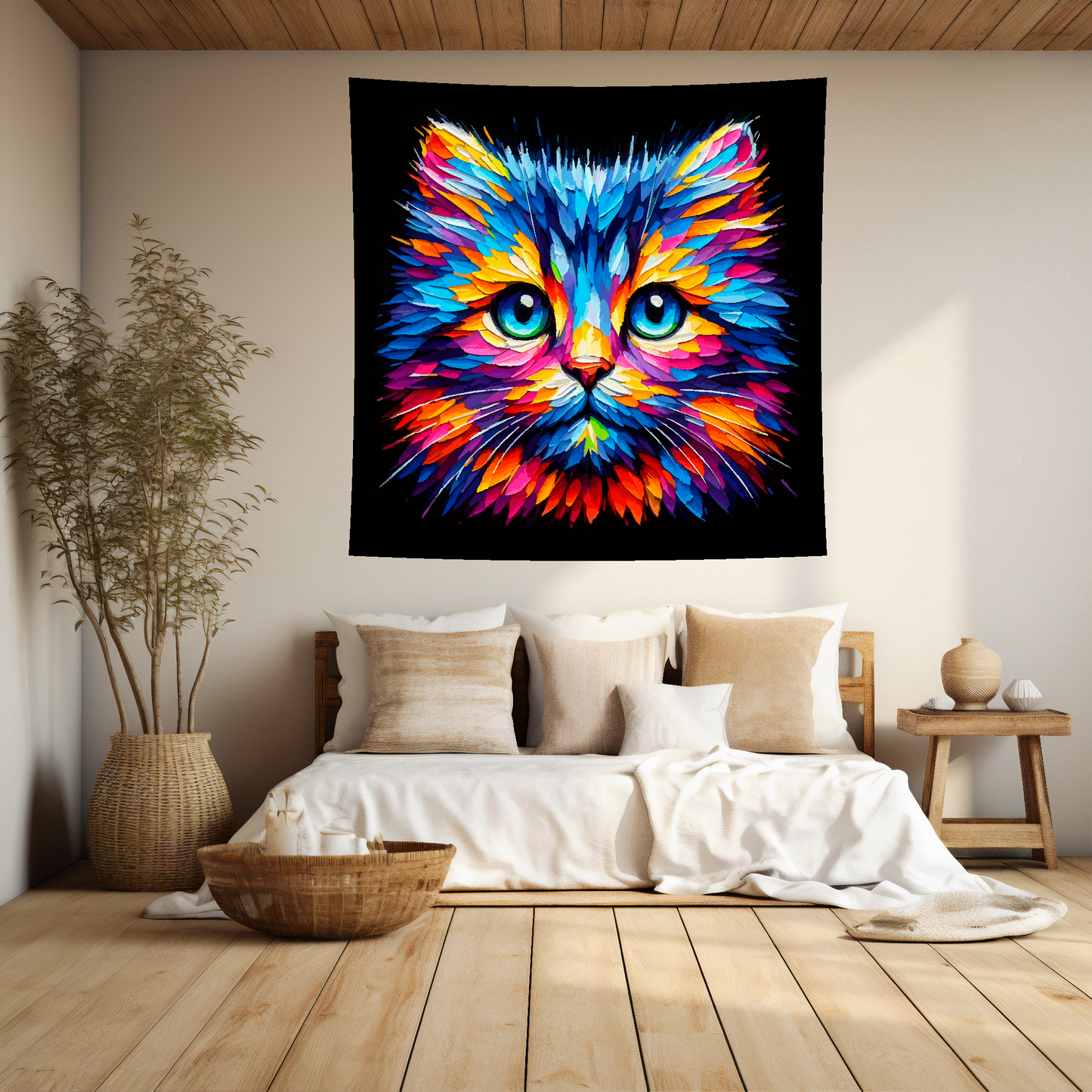 A 1.5m x 1.5m large art blanket hangs on a bedroom wall, featuring a colourful head portrait of a Moggie cat. Black background.