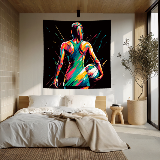 Abstract art blanket featuring colourful female netball player. 1.5 metres by 1.5 metres, perfect for adding a touch of sporting action to any big wall space.