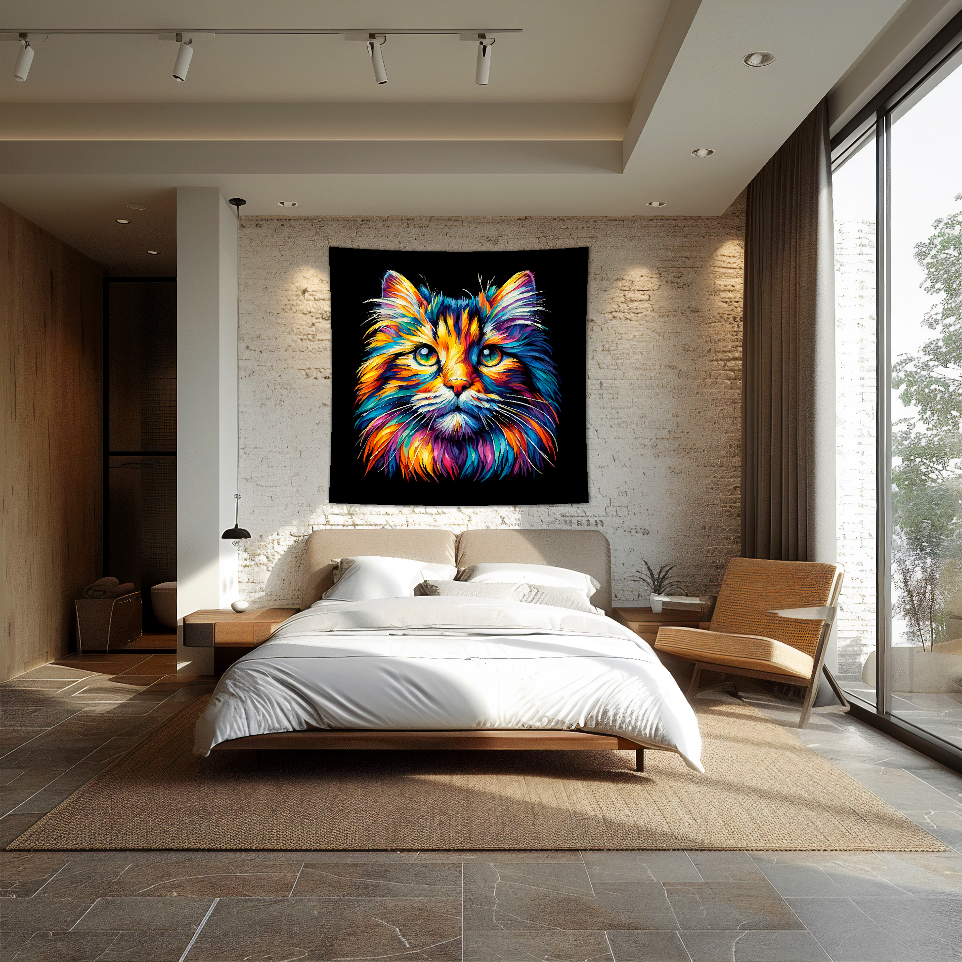 A 1.5m x 1.5m large art blanket hangs on a bedroom wall, featuring a colourful head portrait of a Norwegian Forest cat. Black background.